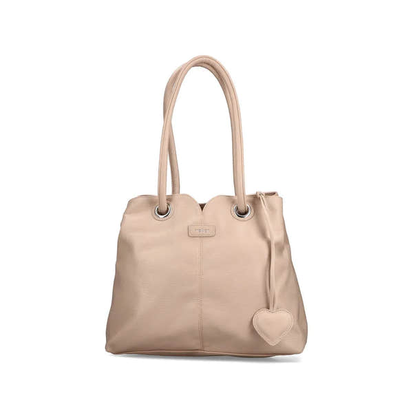 Rieker H1021-31 pink leather handbag with heart charm, dual handles, and spacious interior for everyday use.