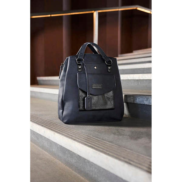 Rieker H1036-14 Ocean Navy & Black backpack with handles, zippered pockets, and front pouch, stylish and durable for everyday use.