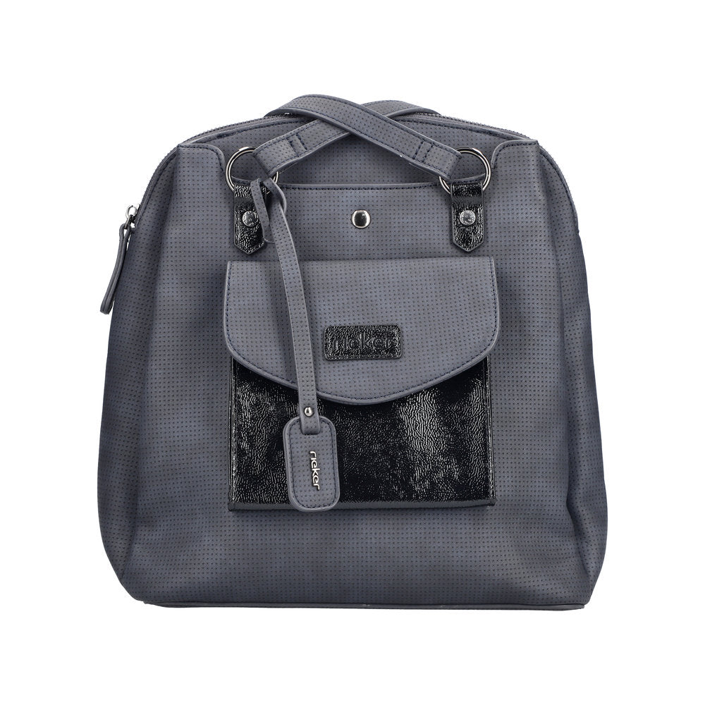 Rieker H1036-14 Ocean Navy and Black backpack with front pocket, top handle, adjustable shoulder straps, and durable material.