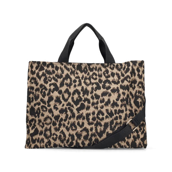 Rieker H1070-90 leopard print handbag with black handles and adjustable shoulder strap, stylish and spacious for women.