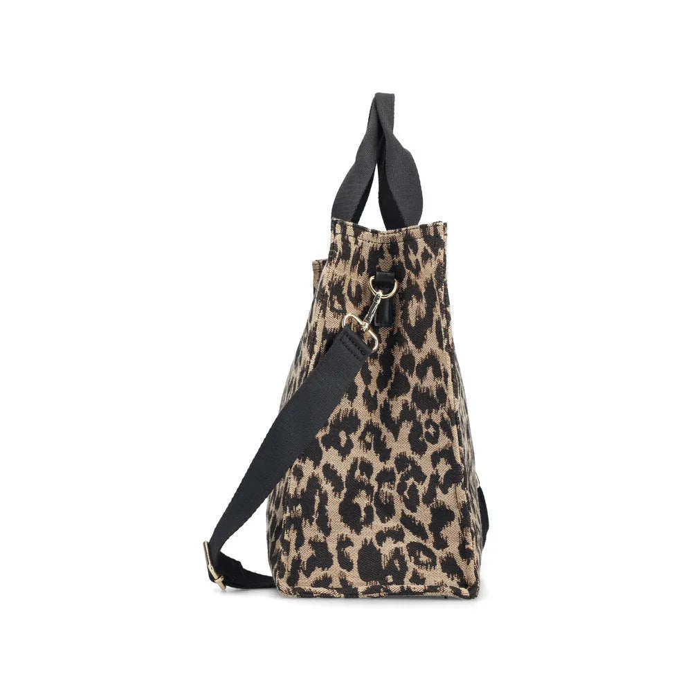 Rieker H1070-90 leopard print handbag with black straps and adjustable shoulder strap.