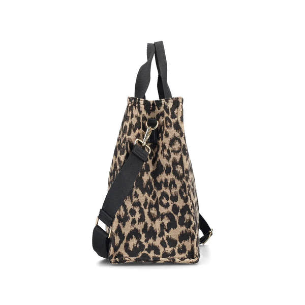 Rieker H1070-90 leopard print handbag with adjustable shoulder strap and top handle, stylish animal pattern, compact design.