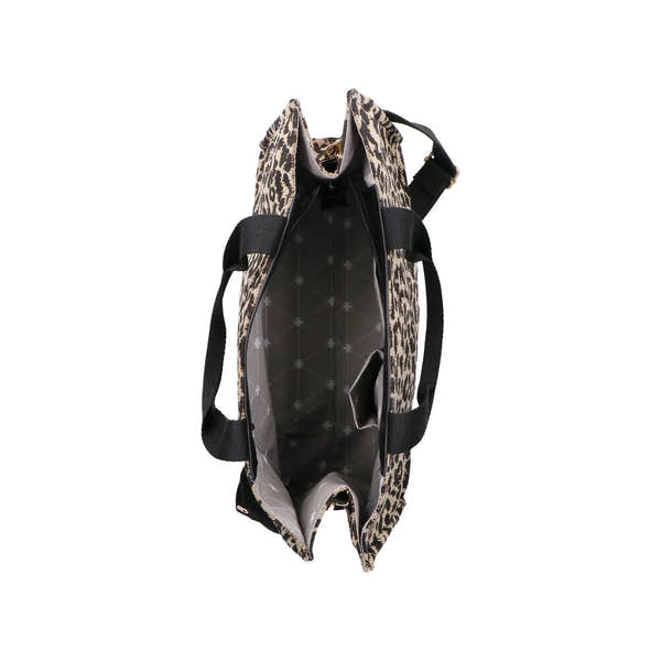 Rieker H1070-90 leopard print handbag with black straps, spacious interior, ideal for fashion and daily use.