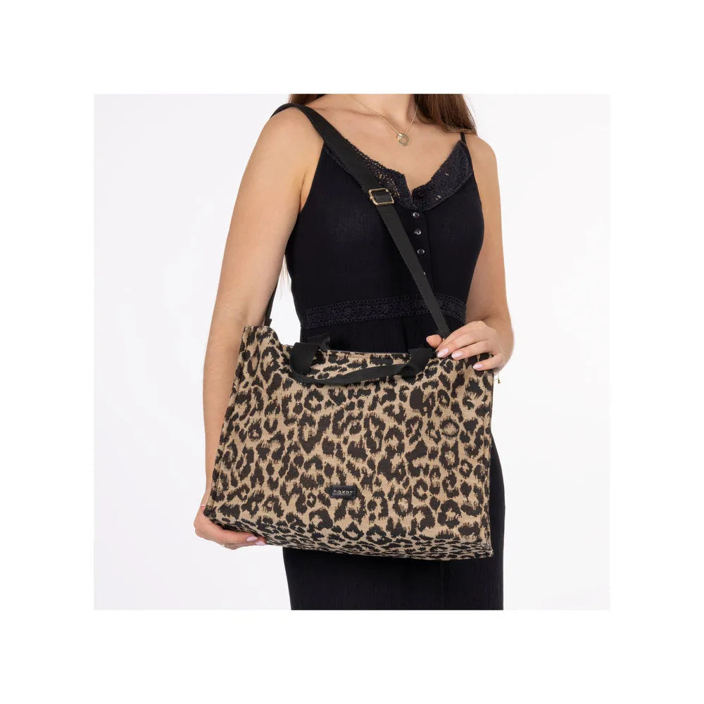 Rieker H1070-90 leopard print handbag with black adjustable shoulder strap, stylish faux animal print design, versatile accessory.