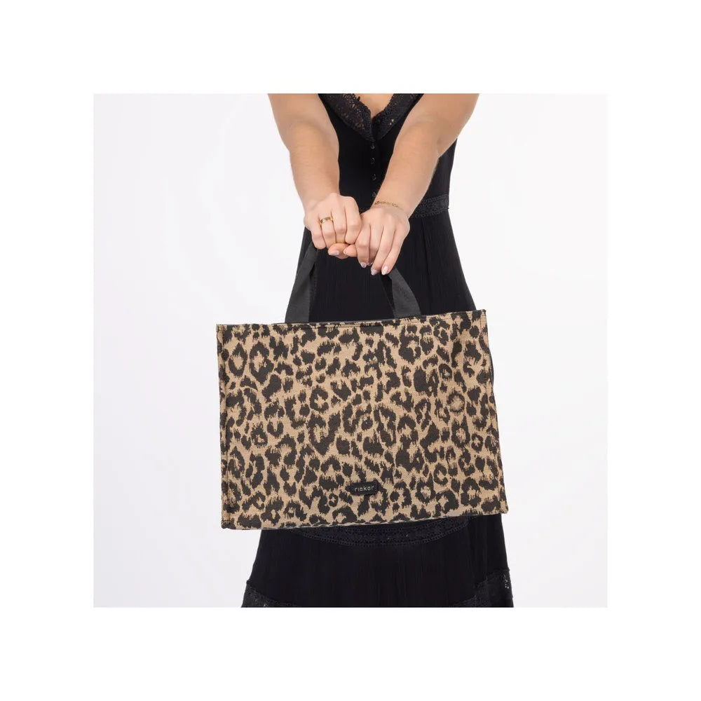 Rieker H1070-90 leopard print handbag with black handles, casual tote style, fashionable animal pattern, versatile accessory.