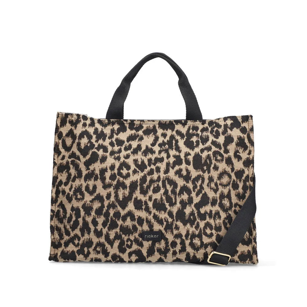 Rieker H1070-90 leopard print handbag with black handles and adjustable strap, stylish animal pattern for women.