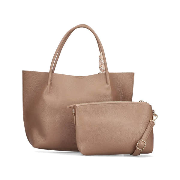 Rieker H1399-24 taupe leather handbag with matching pouch, structured design, top handles, and adjustable strap.