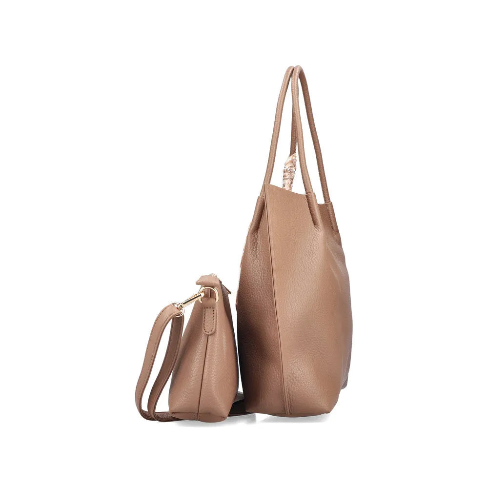 Rieker H1399-24 taupe leather handbags set with shoulder strap, stylish and spacious tote bag for women.