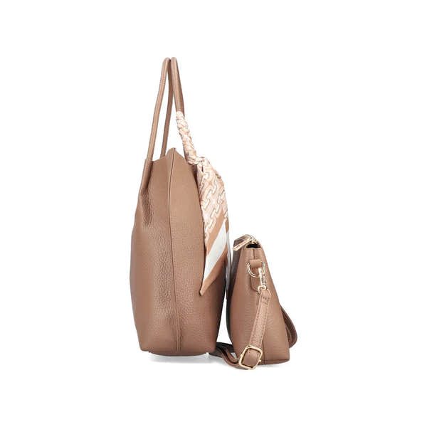 Rieker H1399-24 taupe handbag with side view, textured faux leather, adjustable strap, and decorative silk scarf accent.