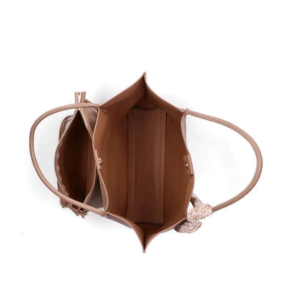 Rieker H1399-24 taupe leather handbag with interior compartments, zippered pockets, and dual handles.