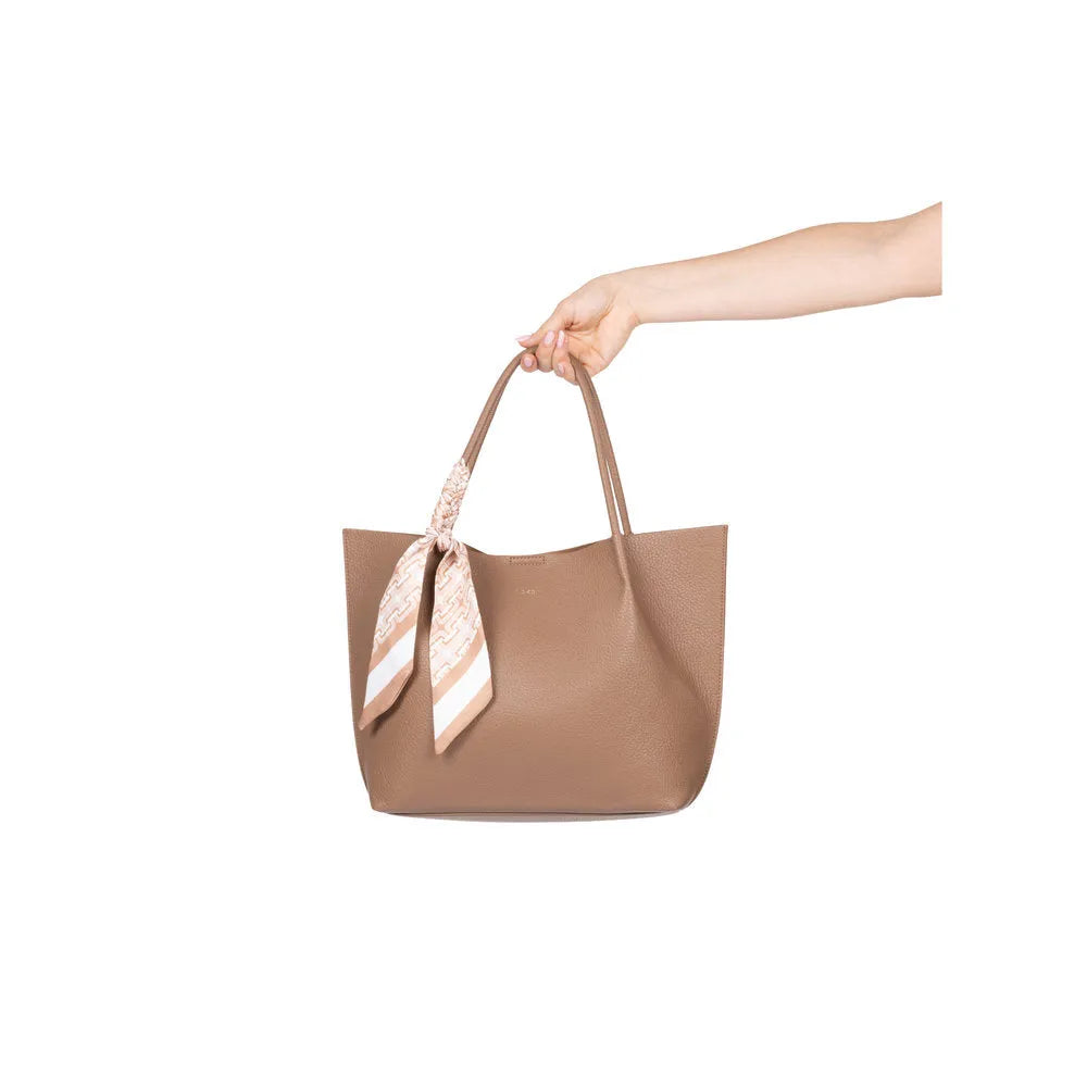Rieker H1399-24 taupe leather handbag with top handles and a decorative silk scarf accent.