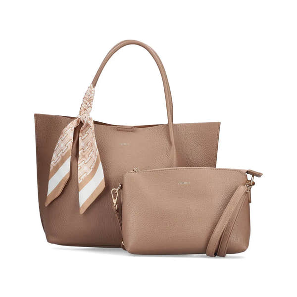 Rieker H1399-24 taupe leather handbag with matching pouch and decorative scarf, stylish and functional tote bag for women.