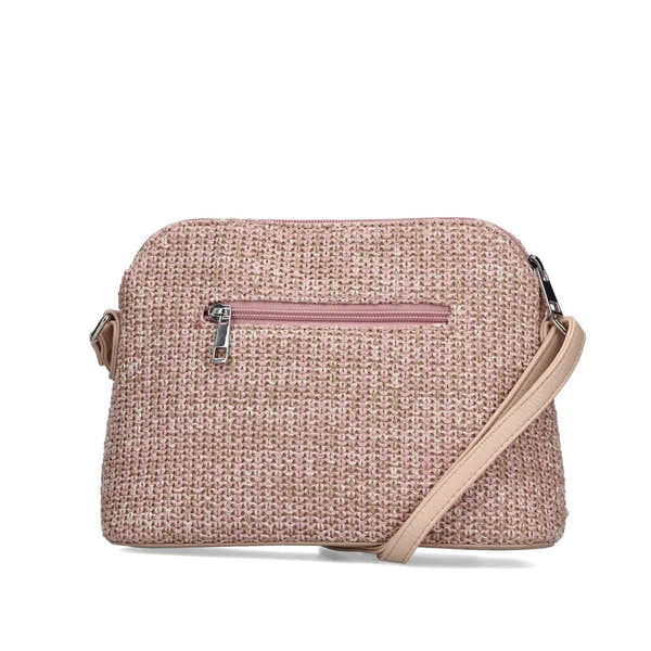 Rieker H1510-93 Pink Multi women's woven shoulder handbag with zip pocket and adjustable strap.
