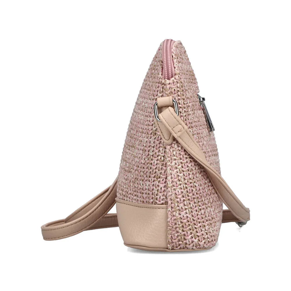Rieker H1510-93 Pink Multi women's handbag with woven texture and leather accents, adjustable strap, and zip closure.