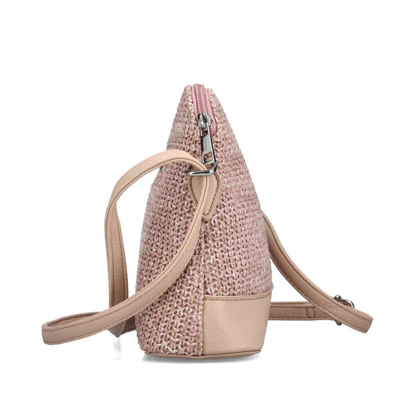 Pink multi-colored Rieker H1510-93 ladies handbag with woven fabric and beige leather accents, adjustable strap, and zip closure.