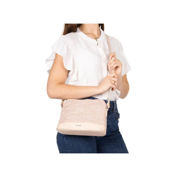 Rieker H1510-93 Pink Multi women's handbag with textured fabric and adjustable strap, stylish accessory for casual outfits.