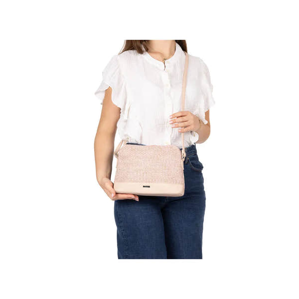 Rieker H1510-93 pink multi women's handbag with adjustable strap, stylish floral pattern, and beige accents.