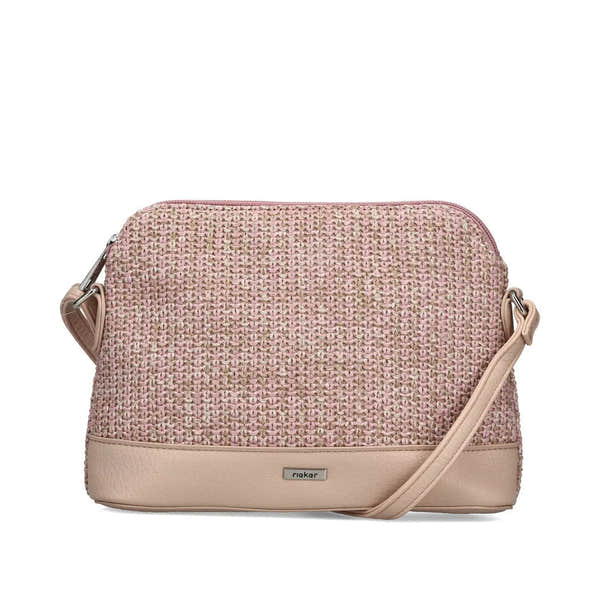 Rieker H1510-93 pink multi ladies handbag with woven texture and beige leather accents, adjustable shoulder strap, zipper closure.