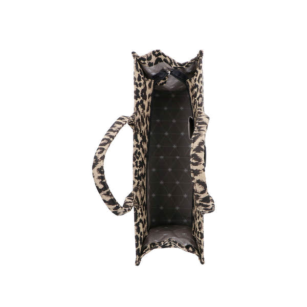 Rieker H1609-25 leopard print black and beige shopper bag with interior zip pocket, stylish and spacious.
