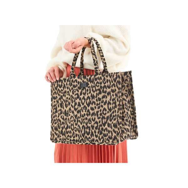 Rieker H1609-25 leopard print black and beige shopper bag with dual handles, stylish and spacious for everyday use.