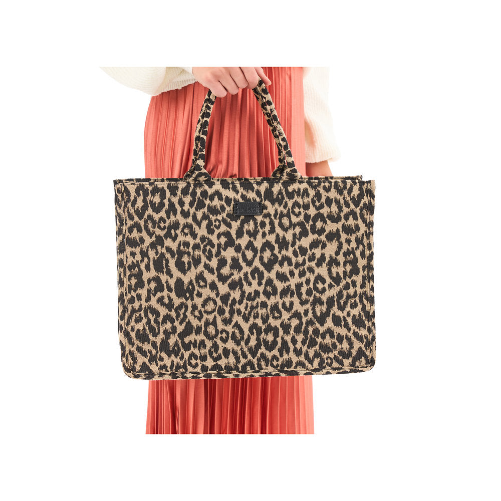 Rieker H1609-25 leopard print tote bag, black and beige, stylish shopper with dual handles.