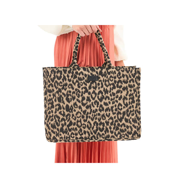 Rieker H1609-25 leopard print tote bag, black and beige, stylish shopper with dual handles.