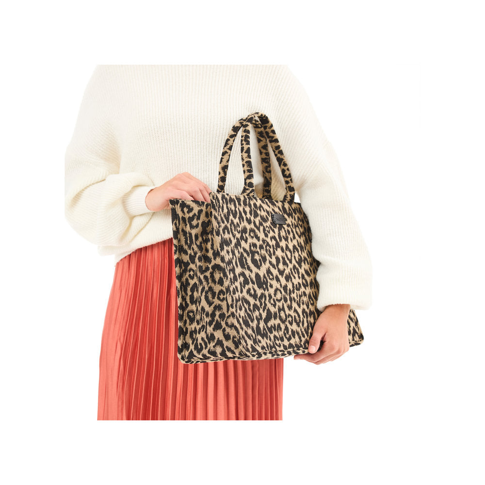 Rieker H1609-25 leopard print black and beige shopper tote bag with handles, stylish accessory for women.