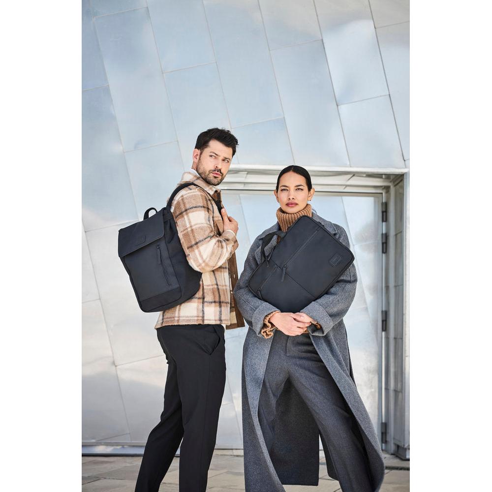 Rieker H5000-00 black business bags worn by stylish man and woman outside modern building.