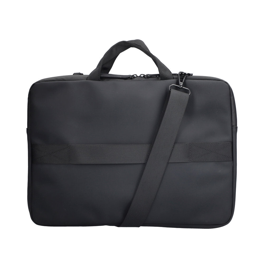 Rieker H5000-00 black business bag with top handle, adjustable shoulder strap, and front elastic band for organization.