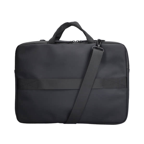Rieker H5000-00 black business bag with top handle, adjustable shoulder strap, and front elastic band for organization.
