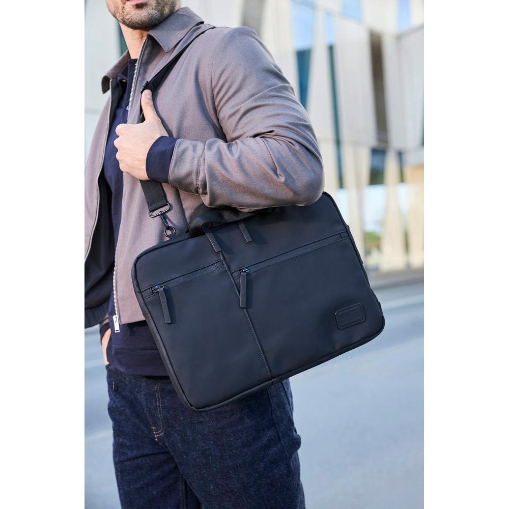 Rieker H5000-00 black business bag with multiple compartments, worn by man in urban setting, sleek and professional design.