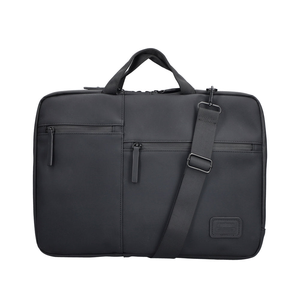 Rieker H5000-00 black business bag with multiple zippered compartments, top handle, and adjustable shoulder strap.