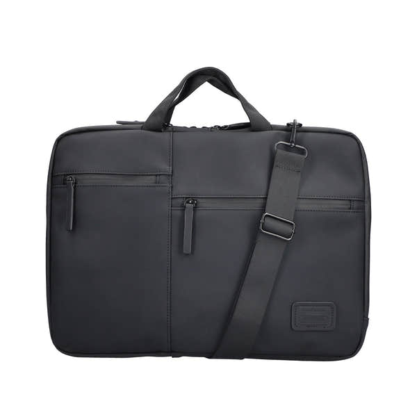 Rieker H5000-00 black business bag with multiple zippered compartments, top handle, and adjustable shoulder strap.