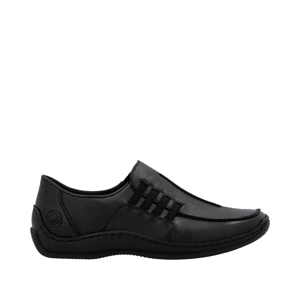 Rieker L1777-00 women's black leather slip-on shoes, casual design with elastic laces and cushioned sole.