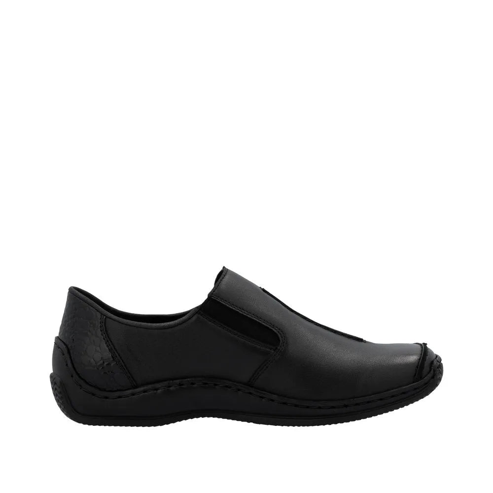 Rieker L1777-00 women's black leather slip-on shoes with cushioned sole and textured heel for comfort and style.