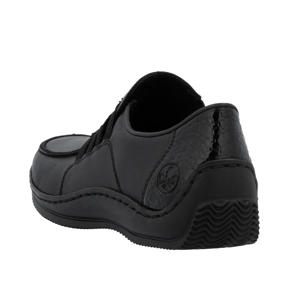 Rieker L1777-00 women's black leather slip-on shoes with cushioned soles and textured accents.