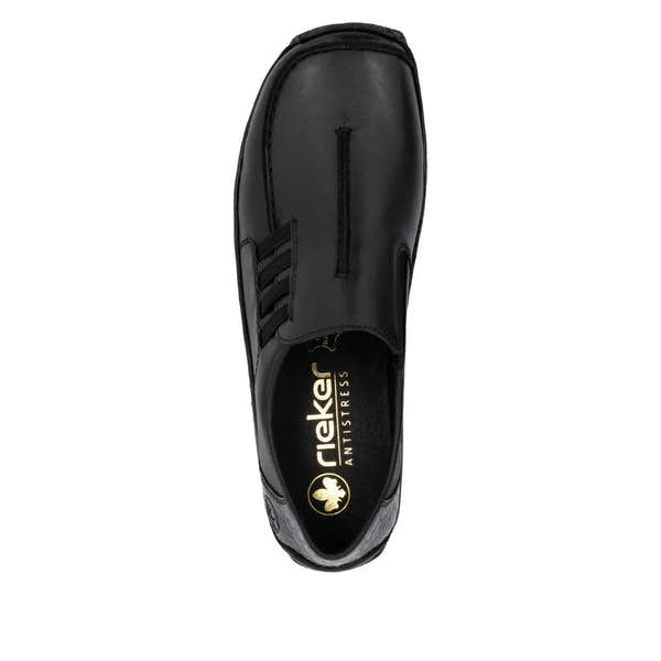 Rieker L1777-00 Ladies black leather slip-on shoes with a sleek design and anti-stress cushioned insoles.
