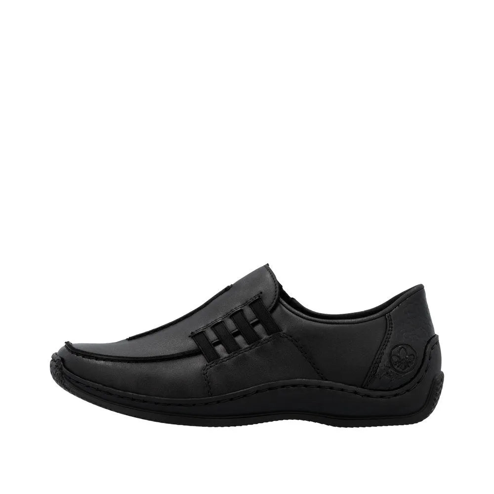 Rieker L1777-00 Ladies Black Leather Slip-On Shoes, comfortable casual footwear with lace-up detail and cushioned sole.