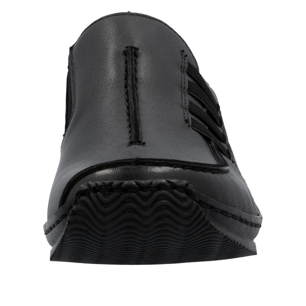 Rieker L1777-00 Ladies Black Leather Slip-On Shoes, stylish and comfortable with slip-on design and textured sole.