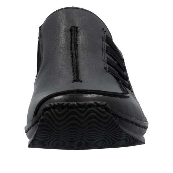 Rieker L1777-00 Ladies Black Leather Slip-On Shoes, stylish and comfortable with slip-on design and textured sole.