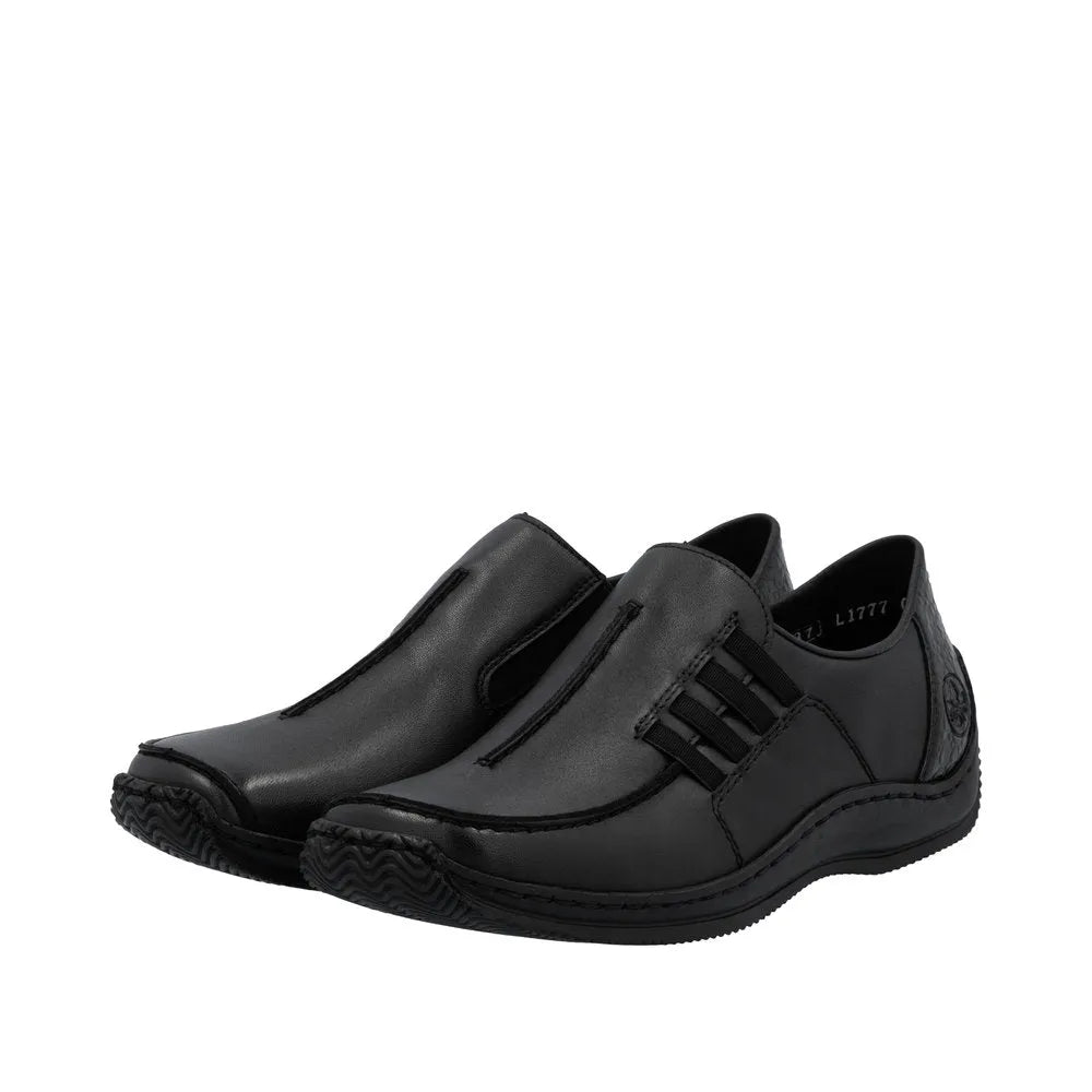 Rieker L1777-00 Ladies black leather slip-on shoes with elastic sides, casual comfort footwear for women.
