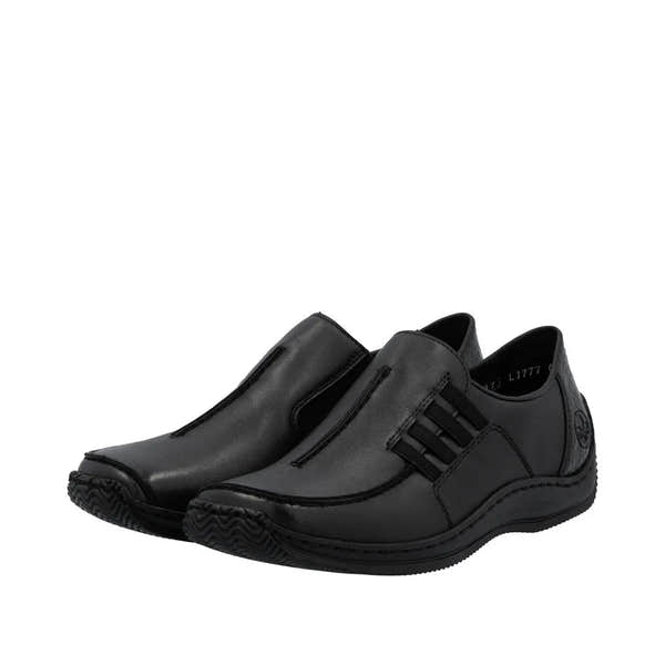 Rieker L1777-00 Ladies black leather slip-on shoes with elastic sides, casual comfort footwear for women.
