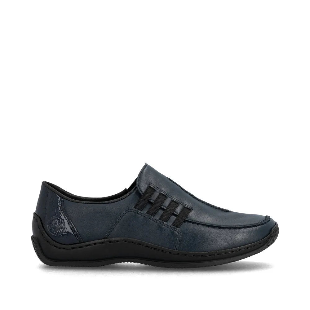 Rieker L1777-14 ladies blue leather slip-on shoes with comfortable design and slip-on style.