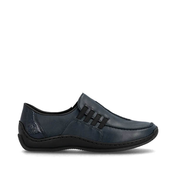 Rieker L1777-14 ladies blue leather slip-on shoes with comfortable design and slip-on style.