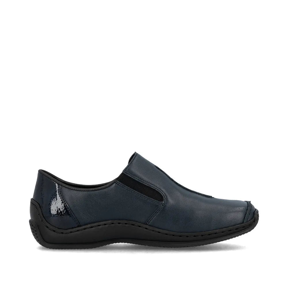 Rieker L1777-14 women's blue leather slip-on shoes, comfortable casual footwear with elastic side panels and cushioned sole.