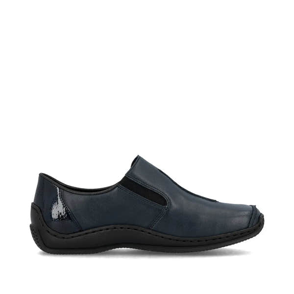 Rieker L1777-14 women's blue leather slip-on shoes, comfortable casual footwear with elastic side panels and cushioned sole.