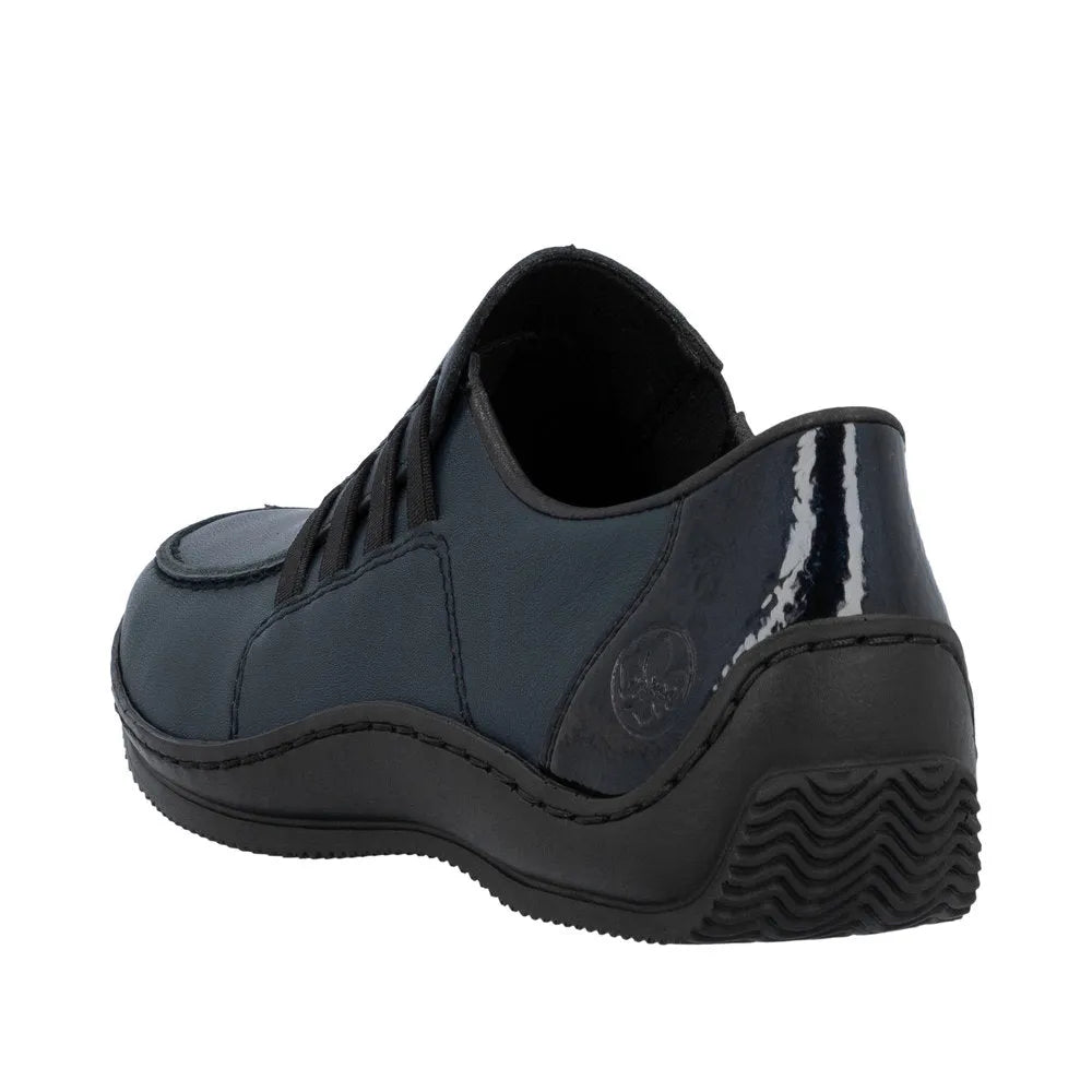 Rieker L1777-14 women's blue leather slip-on shoes with comfortable sole and stylish design.