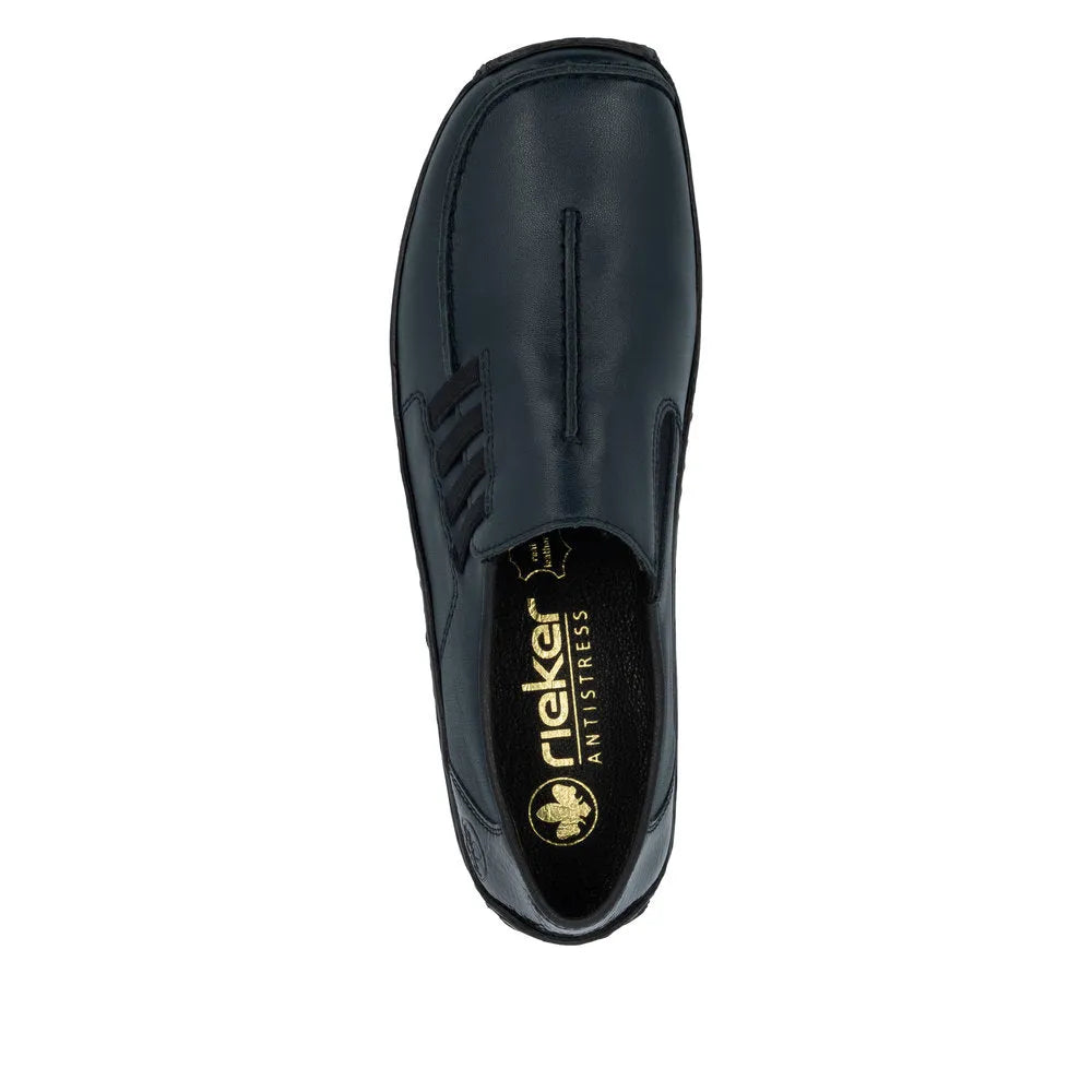 Rieker L1777-14 women's blue leather slip-on shoes with anti-stress comfort, stylish design, and breathable interior.