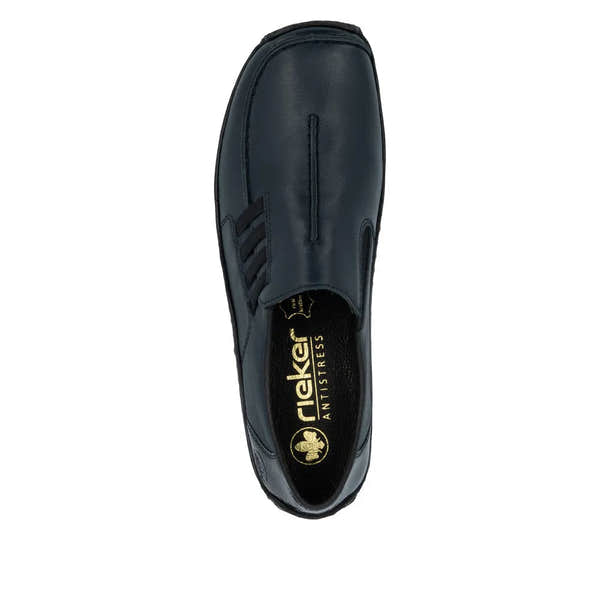 Rieker L1777-14 women's blue leather slip-on shoes with anti-stress comfort, stylish design, and breathable interior.