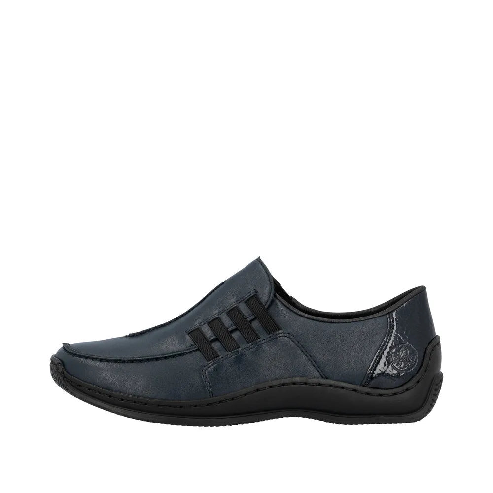Rieker L1777-14 blue leather slip-on women's shoes, comfortable casual footwear with stylish design and slip-on ease.